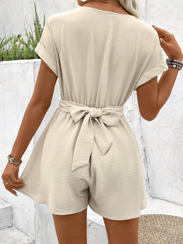 Combishort ample plissé à manches raglan, à empiècements, à col en V, couleur unie