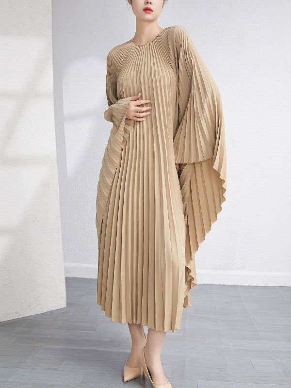 Robe longue ample plissée à manches chauve-souris, couleur unie