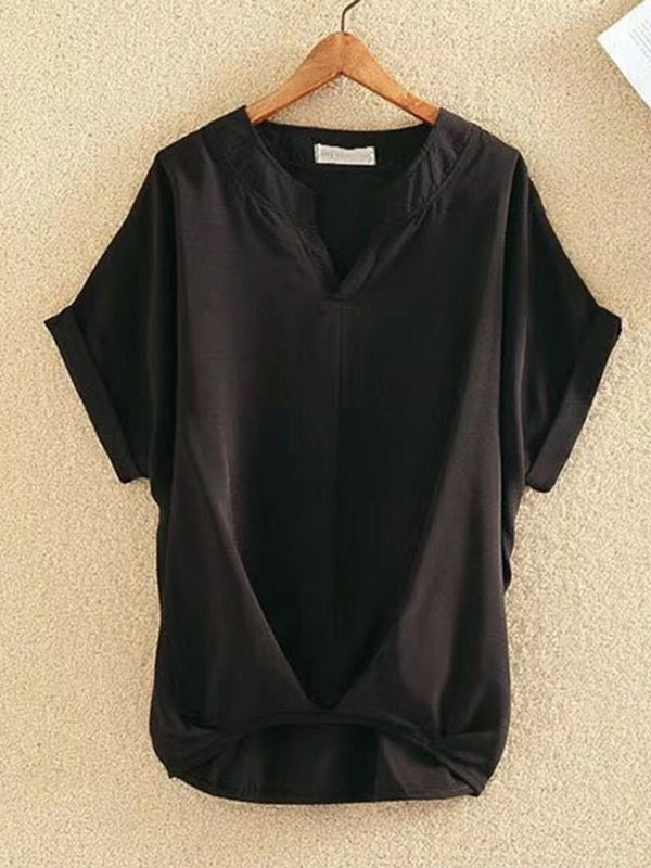 T-shirt ample plissé grande taille, à col en V, couleur unie