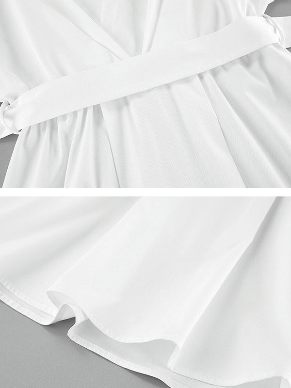 Robe chemise ample plissée à manches longues, à empiècements, à taille nouée, à col en V, couleur unie