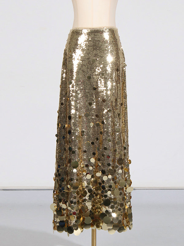 Jupe brillante coupe trapèze, taille haute, à sequins