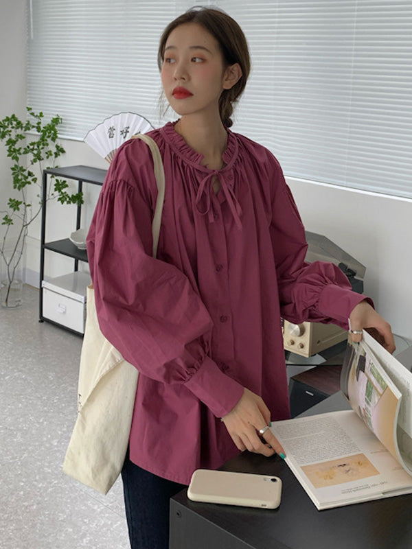 Blouses urbaines amples à manches bouffantes et lacets agariques Volants de couleur unie