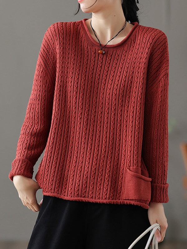 Pull artistique ample rétro, à manches longues, en jacquard, à col rond, couleur unie