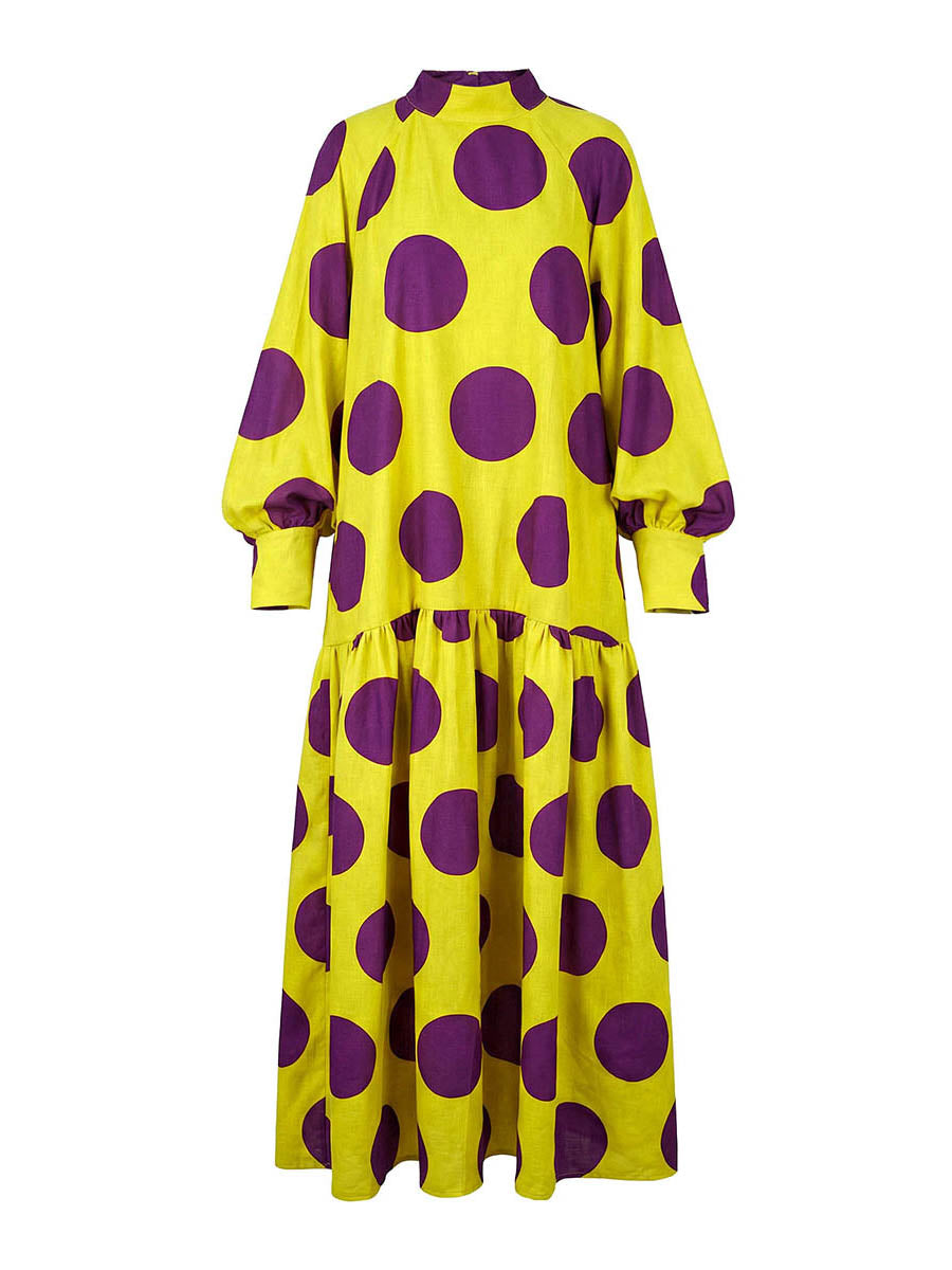 Robes longues à manches longues, ample, grand ourlet, couleur contrastée, plissées, pois, fente, demi-col roulé