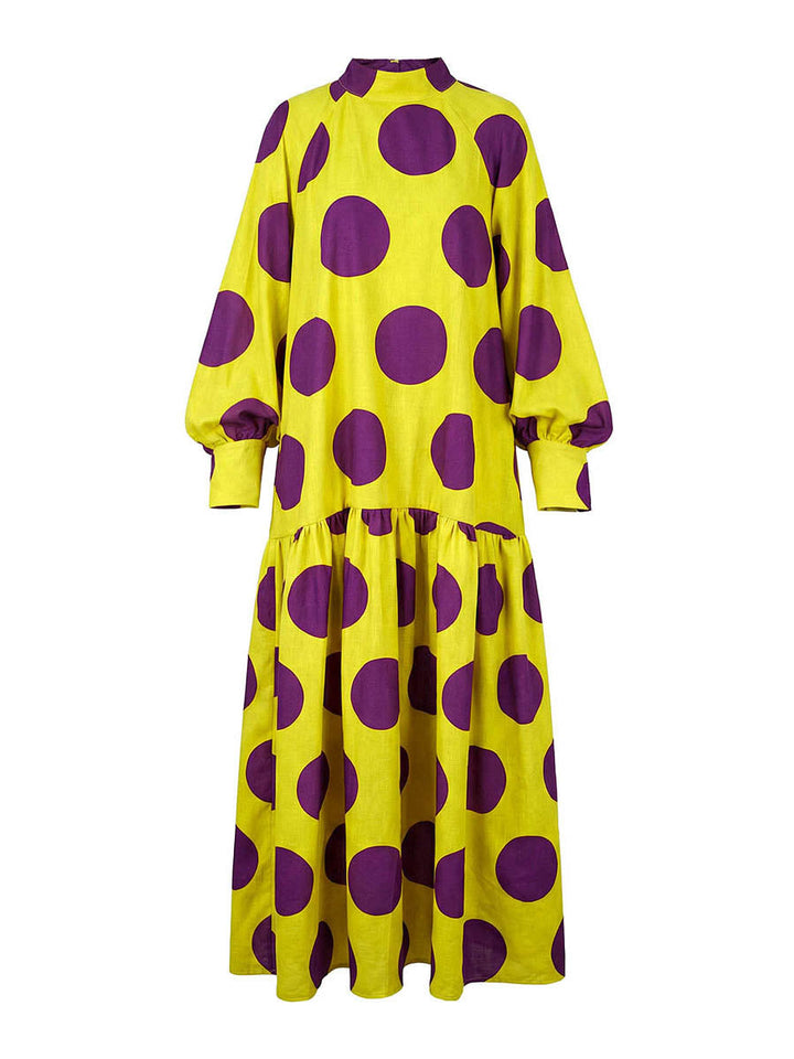 Robes longues à manches longues, ample, grand ourlet, couleur contrastée, plissées, pois, fente, demi-col roulé