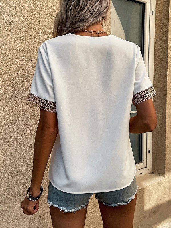 T-shirt décontracté ample en dentelle, à empiècements, à col en V