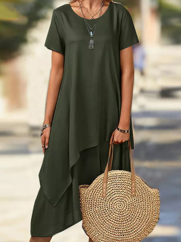 Robe mi-longue asymétrique grande taille, à manches courtes, à empiècements, à col rond, couleur unie