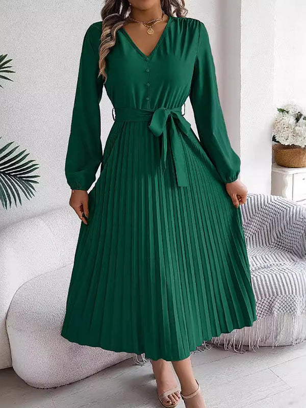 Robe longue boutonnée plissée taille haute, à manches longues, avec ceinture, à col en V, couleur unie
