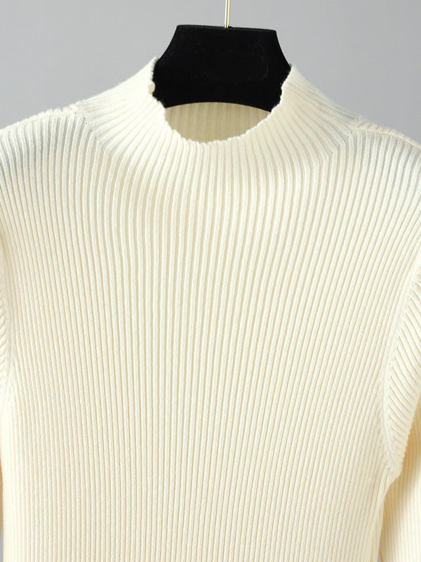 Robes pull élégantes à manches longues, taille haute plissée, couleur unie, demi-col roulé