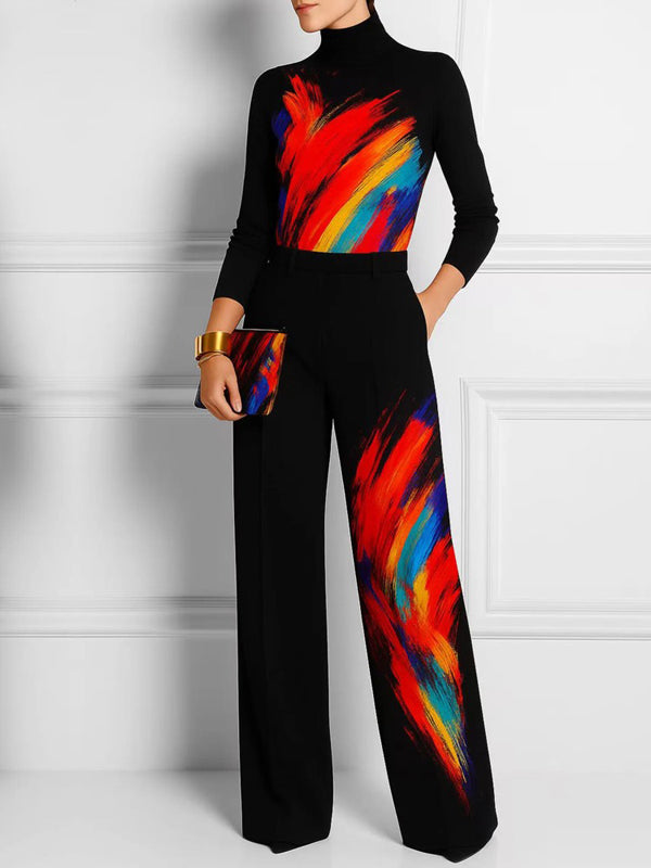 Pantalon imprimé à jambes larges, à poches, couleur contrastée