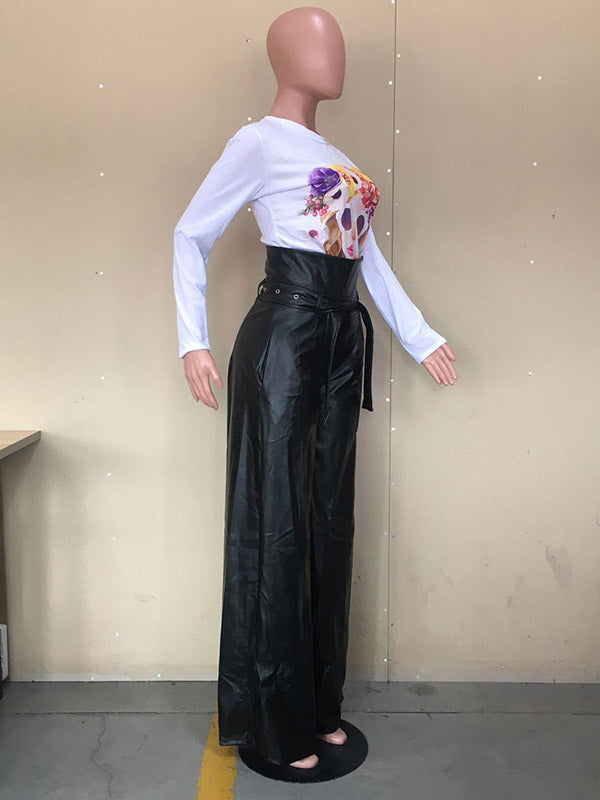 Pantalon taille haute, à jambes larges, avec ceinture, à fermeture éclair, couleur unie