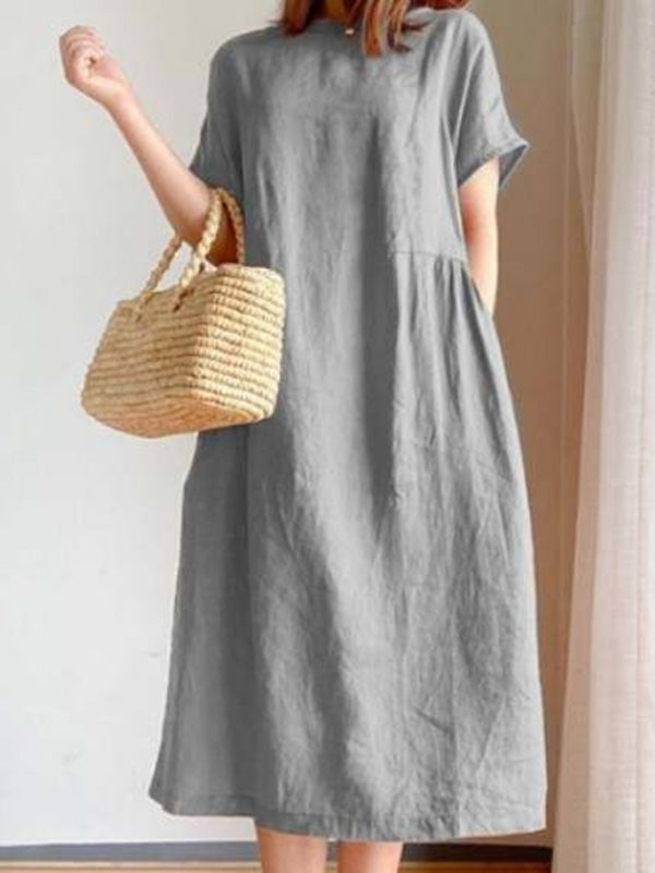 Robe mi-longue décontractée ample à col rond, couleur unie