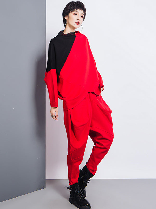 Sarouel décontracté ample à empiècements, taille haute, couleur unie
