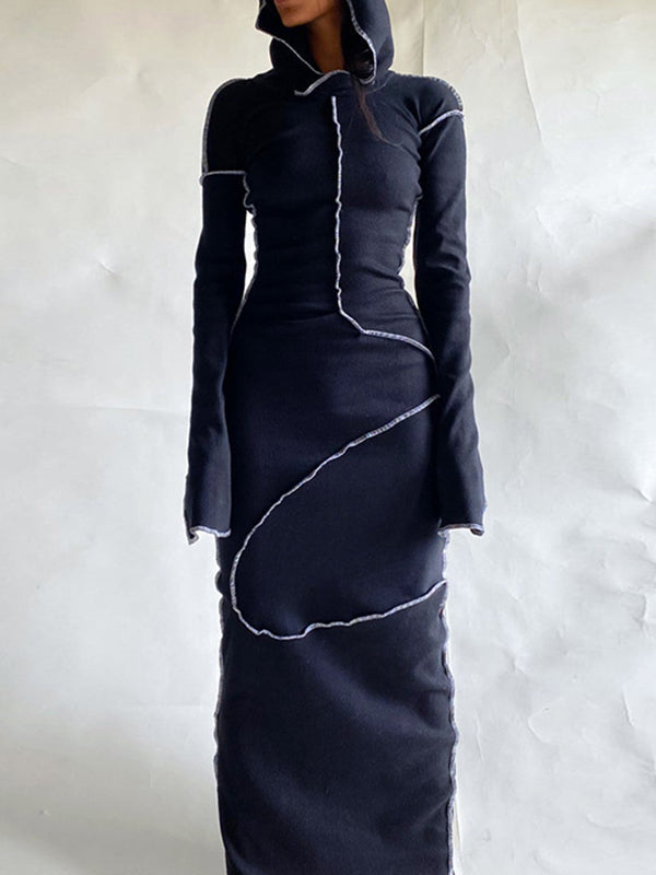 Robe longue à manches longues, grande taille, à empiècements, à capuche, couleur unie