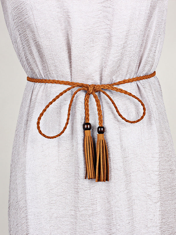 Ceinture de couleur unie à pompons en cuir artificiel de Bohême