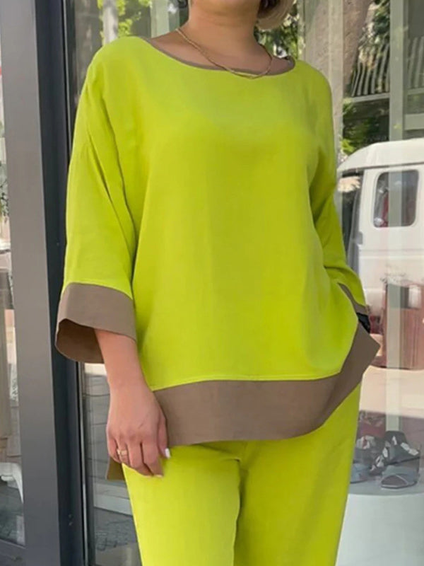 Ensemble deux pièces ample fendu sur le côté à manches trois-quarts, à col rond, couleur contrastée – chemise + haut + pantalon