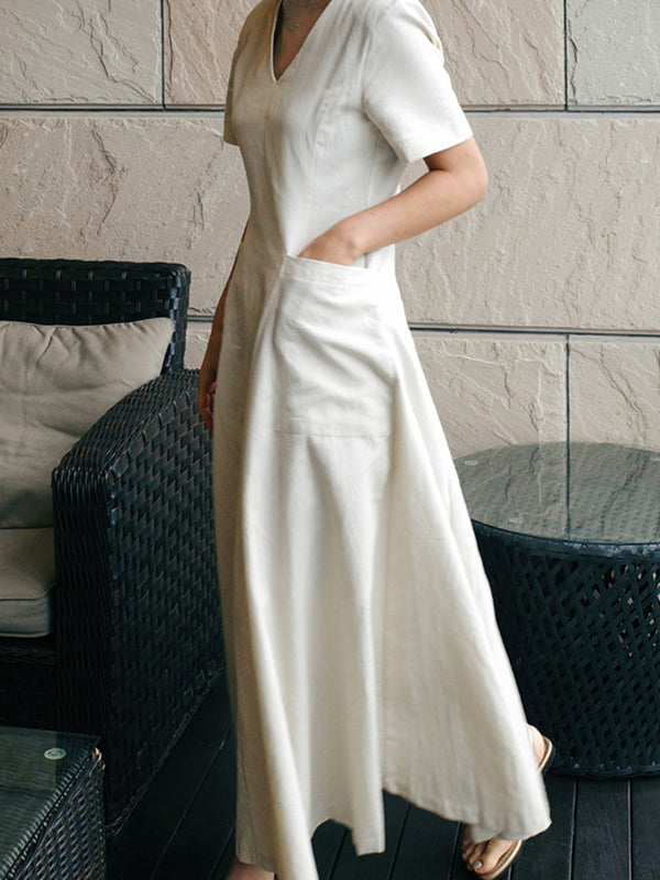 Robe mi-longue simple décontractée plissée couleur unie