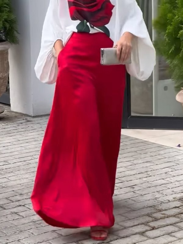 Pantalon ample taille haute, à poches, couleur unie