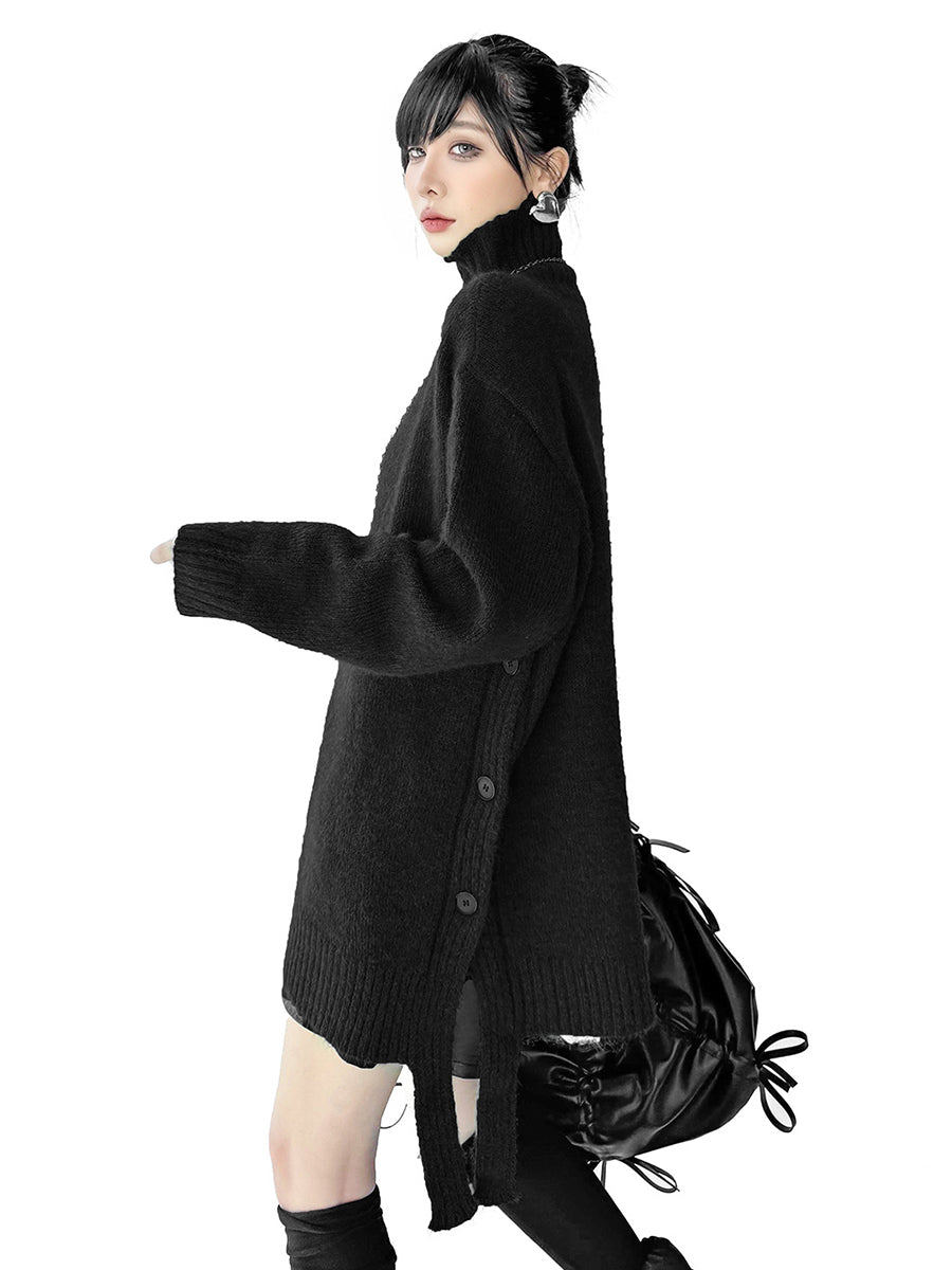 Irrégularité Manches Longues Côtes Boutonnées Couleur Unie Joint Fendu Col Haut Pull Hauts