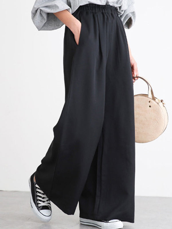 Pantalon taille haute à jambes larges, élastique, couleur unie, à empiècements, large côté