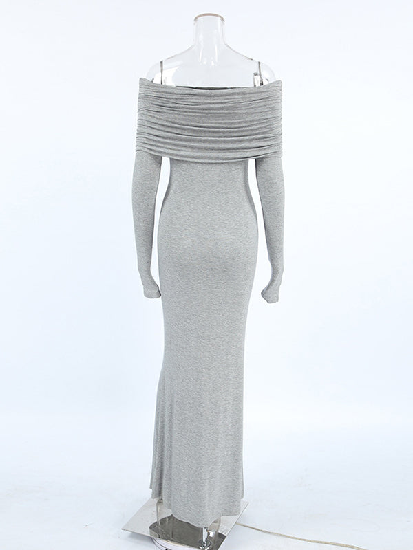 Robe de soirée longue plissée à manches longues, coupe près du corps, à empiècements, à épaules dénudées, couleur unie
