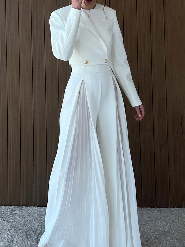 Blazer à manches longues boutonné, couleur unie, col rond, haut + fermeture éclair, jambe large, pantalon plissé en maille, bas, ensemble deux pièces