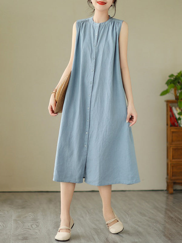 Robe mi-longue boutonnée plissée coupe trapèze, sans manches, à col rond, couleur unie