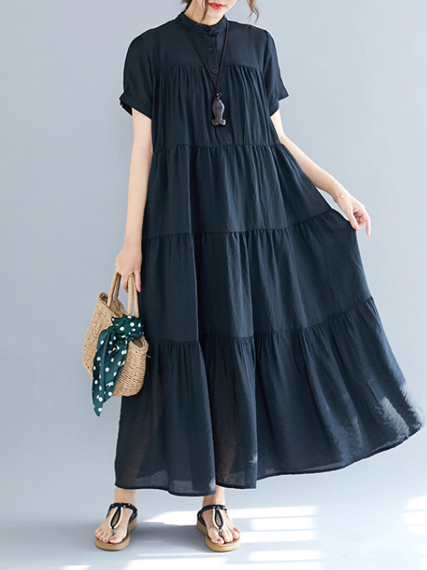 Robe mi-longue ample plissée vintage, à empiècements, à manches courtes, à col rond