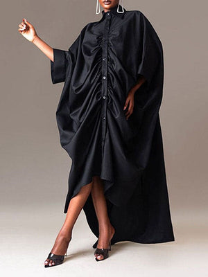 Robe chemise ample boutonnée plissée à manches longues, à col revers, couleur unie