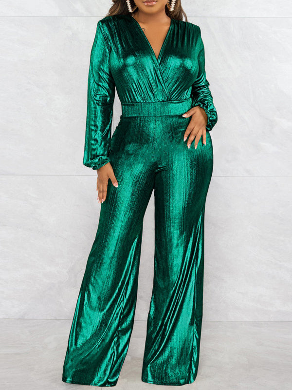 Combinaison moulante brillante taille haute, à taille élastique, à col en V, couleur unie