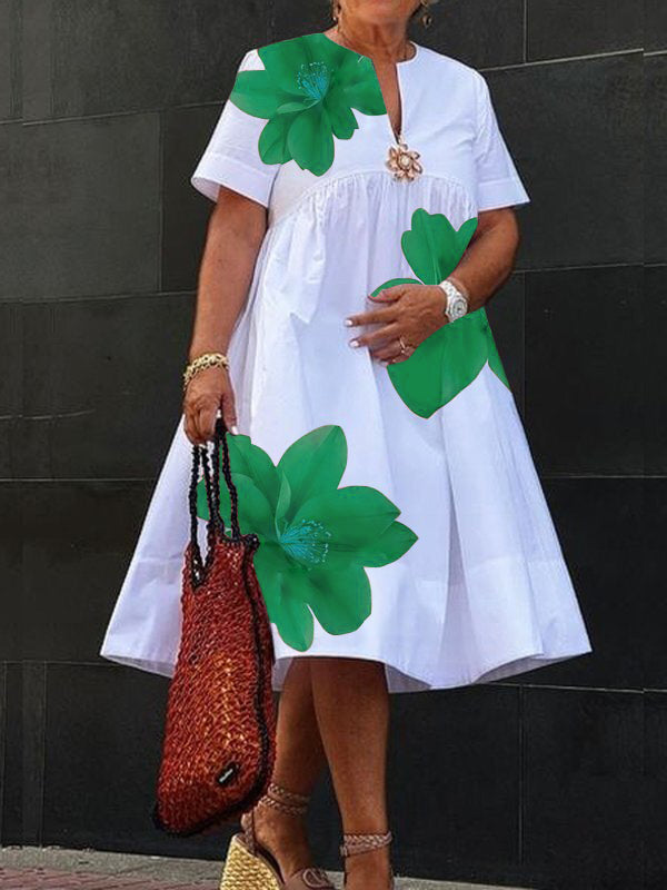 Robe mi-longue ample plissée coupe trapèze, à imprimé floral, à col en V