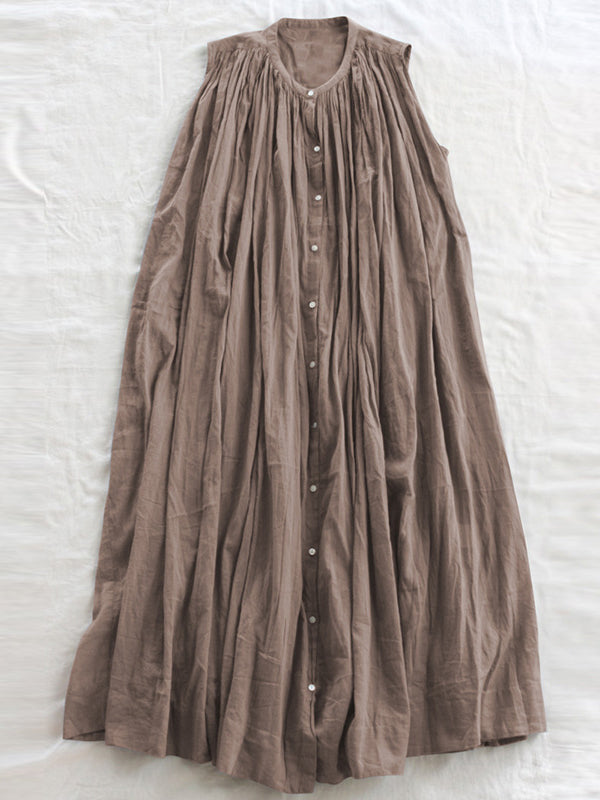 Robe mi-longue ample plissée transparente sans manches, à col rond