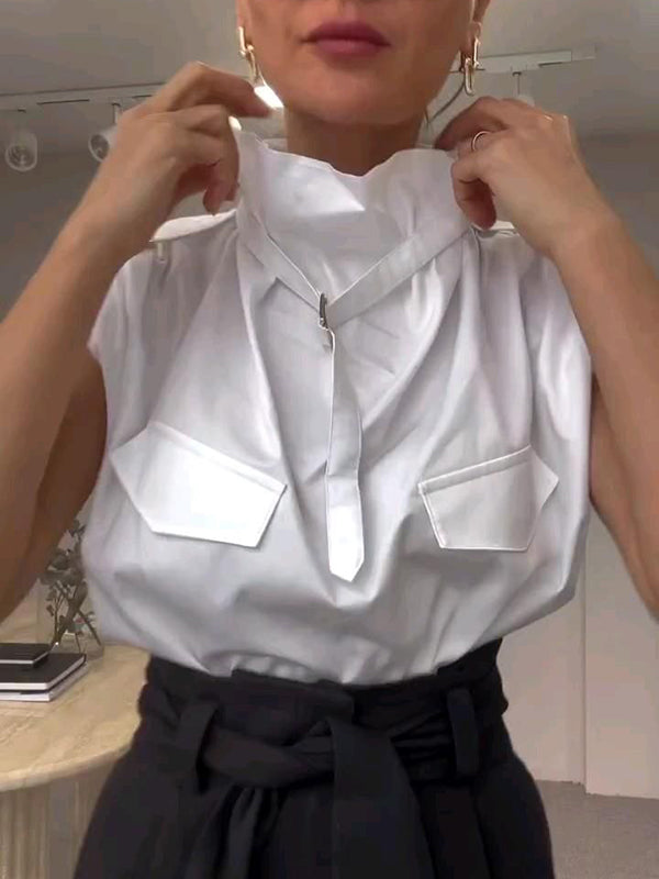 Chemisier ample sans manches, à boucle, à col montant, couleur unie
