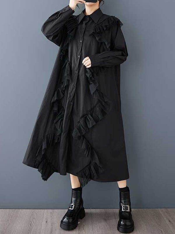 Robe chemise boutonnée coupe trapèze, à manches longues, à empiècements, à col revers