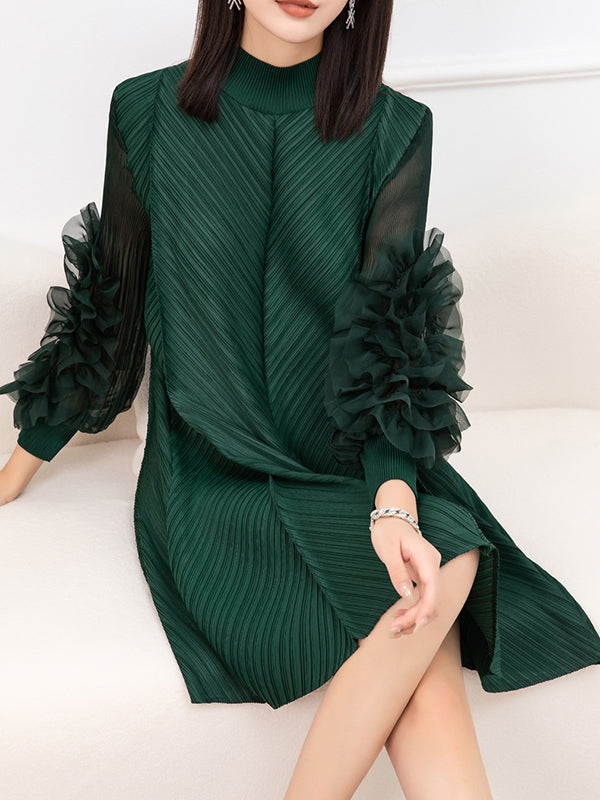 Robe mi-longue ample brodée plissée à manches longues, à col rond, couleur unie