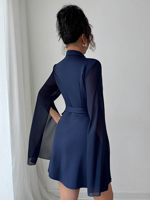 Trapèze taille élastiquée entrelacé transparent couleur unie à empiècements taille nouée sur le côté col en V Robes courtes