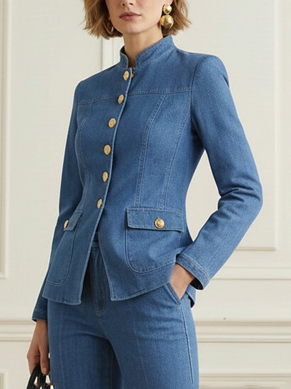 Veste boutonnée à manches longues, à poches, à col montant, couleur unie