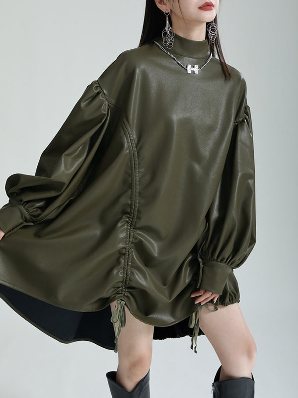 Robe courte plissée à ourlet plongeant, à manches longues, à cordon de serrage, à col montant, couleur unie