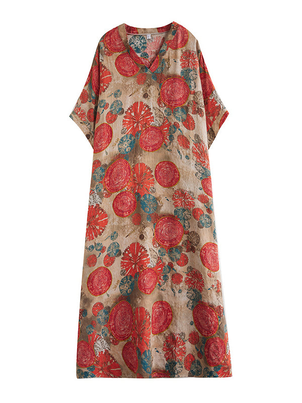 Robe longue ample imprimée à manches courtes, à col en V