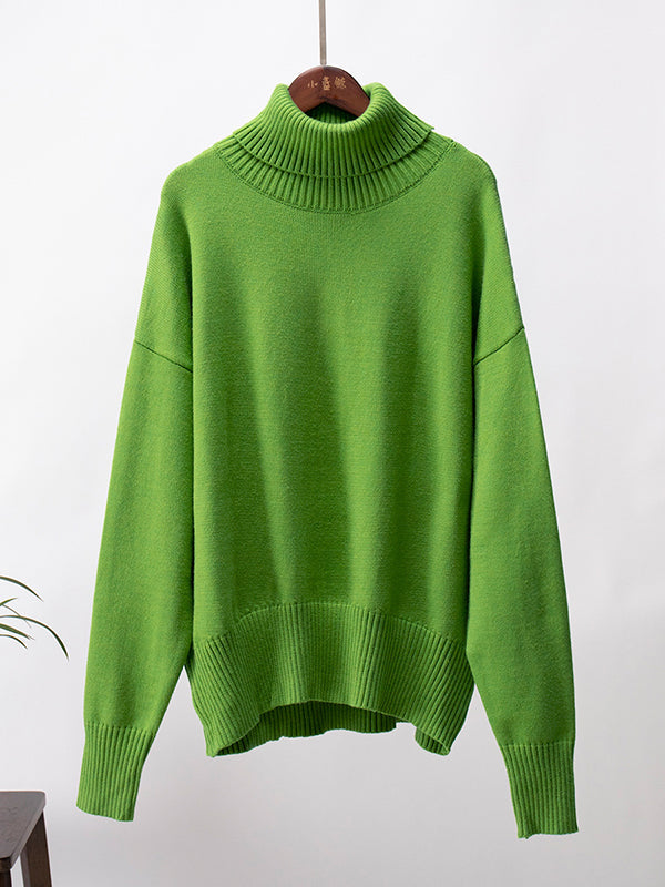 Pull en maille ample à manches longues, à col haut, couleur unie