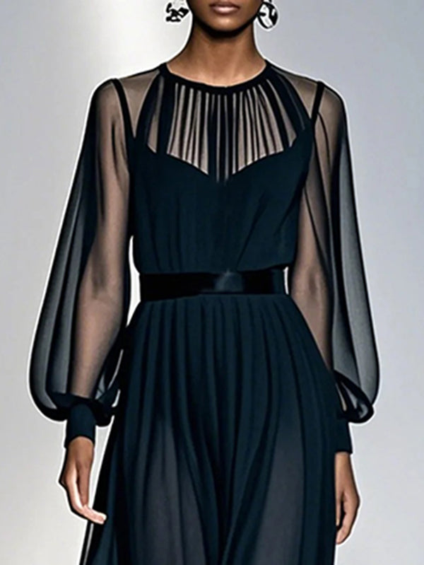 Robe longue ample plissée transparente effet deux pièces, en gaze, à col rond