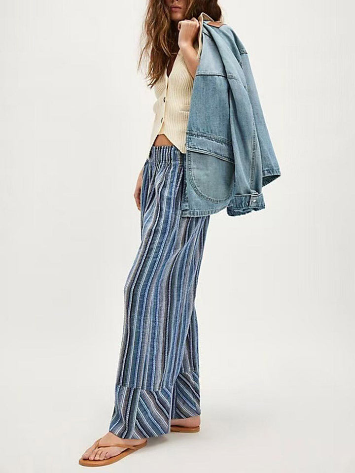 Pantalon imprimé rayé à taille élastique, taille haute, à empiècements, couleur contrastée