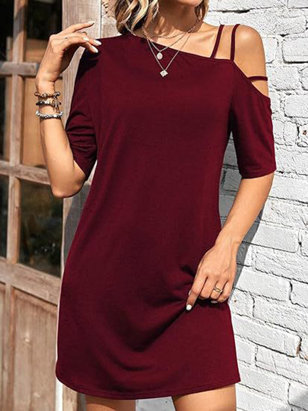 Robe courte ample asymétrique à manches courtes, asymétrique à une épaule, couleur unie