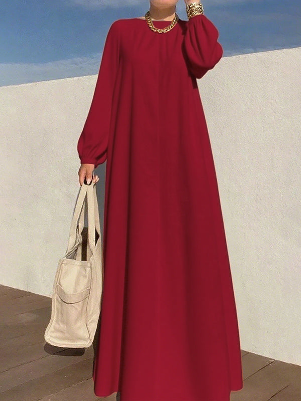 Robe longue ample plissée à manches longues, à fermeture éclair, à col rond, couleur unie