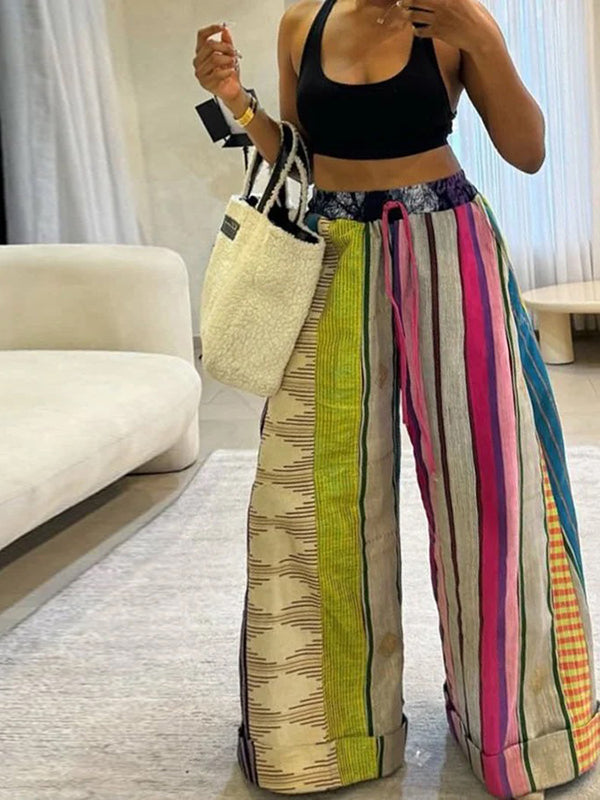 Pantalon ample imprimé rayé décontracté à jambes larges, à cordon de serrage, couleur contrastée