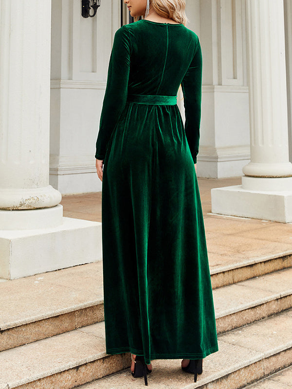 Robe longue plissée à manches longues, coupe portefeuille, avec ceinture, à fermeture éclair, à col rond, couleur unie