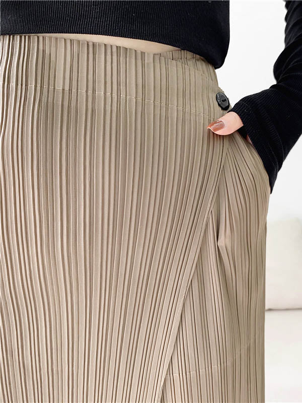 Pantalon plissé décontracté coupe droite, à coupe irrégulière, couleur unie