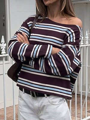 T-shirt rayé effet amincissant, à manches longues, asymétrique à une épaule