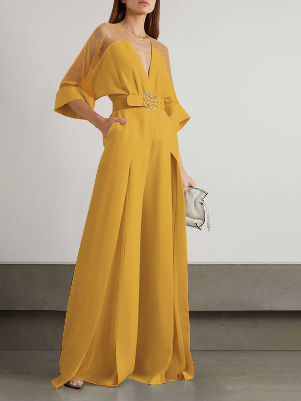 Combinaison fendue devant à taille nouée, taille haute, à col en V, couleur unie, couleur contrastée