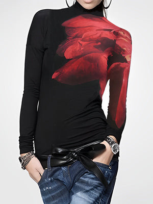 T-shirt asymétrique imprimé à manches longues, coupe près du corps, à empiècements, à col haut
